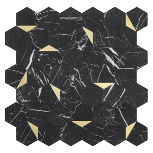 Zelfklevende Mozaïek Steenstrip Hexagon Mat Zwart Wit Goud Marmer