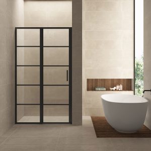 Horizon nisdeur met vast deel en raster 1000 x 2000 x 8mm nano helder glas/mat zwart