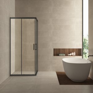 Skyline hoekinstap cabine met 2 schuifdeuren 900 x 900 x 2000 x 8 mm nano helder glas/mat zwart