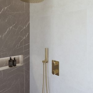 Caral inbouwthermostaat compleet met hoofddouche 30 cm en staafhanddouche geborsteld messing