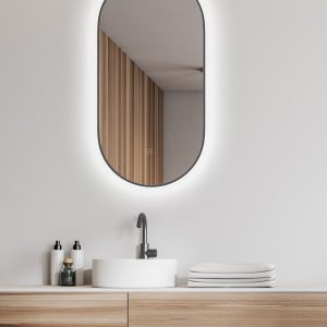 Nomi spiegel met lijst ovaal met LED, dimbaar en spiegelverwarming 50 x 100 cm gunmetal