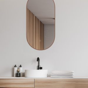 Nomi spiegel met lijst ovaal met LED, dimbaar en spiegelverwarming 50 x 100 cm geborsteld brons koper