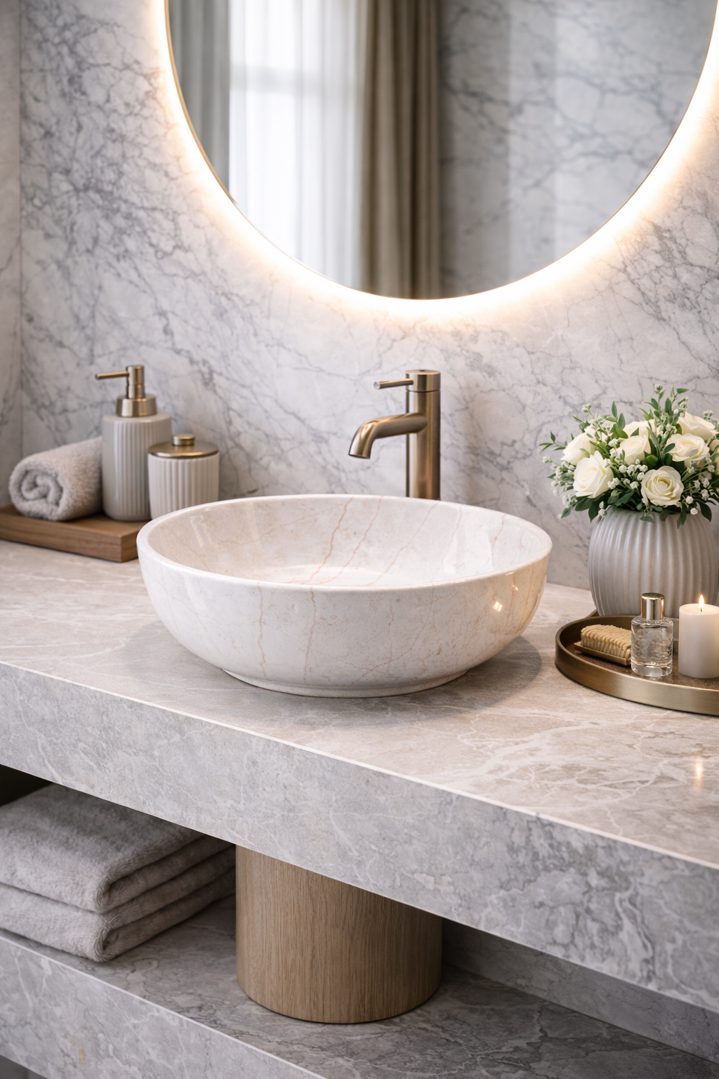 Lunara Pearl marmerlook opbouw waskom | licht Taupe 420x420x140 KAYVIT