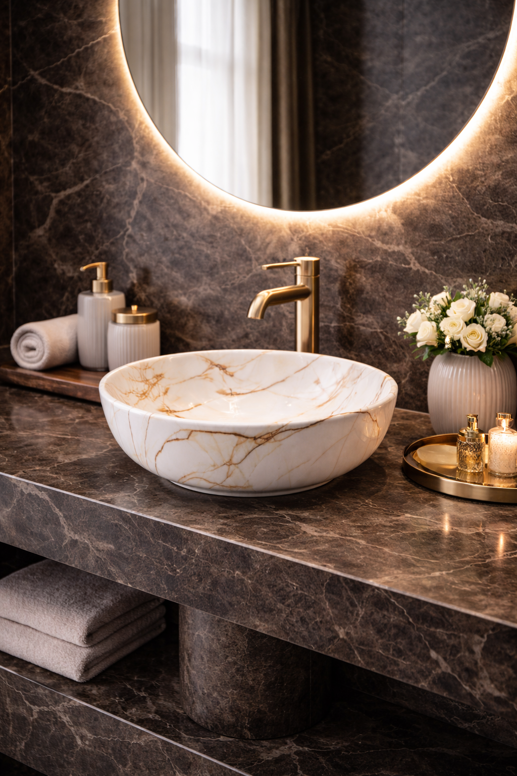 Serena Gold vein marmerlook opbouw waskom | Taupe donkere ader 420x420x140 KAYVIT