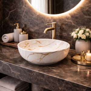 Serena Gold vein marmerlook opbouw waskom | Taupe donkere ader 420x420x140 KAYVIT